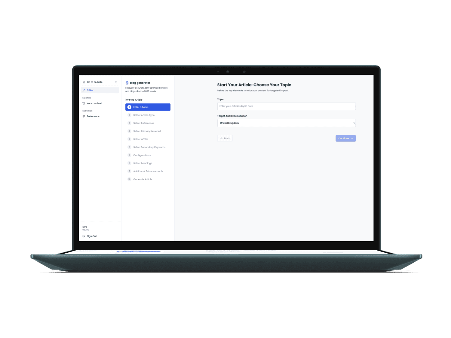 EA Suite Blog Generator interface on a ZenBook
