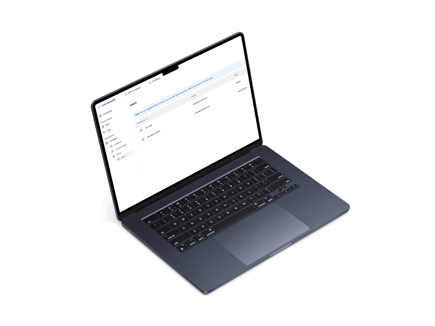 EA Suite Lead Manager CRM interface on a MacBook